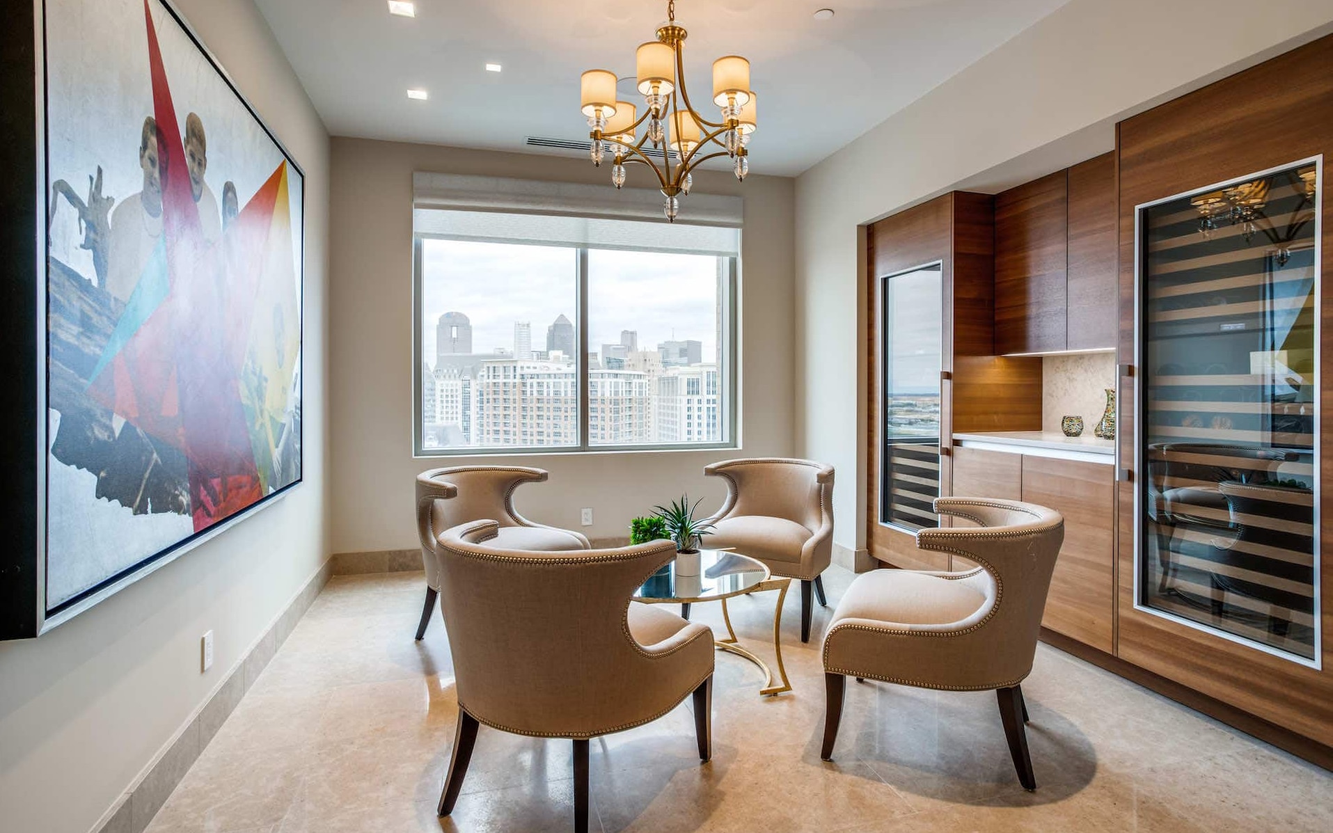 This seating vignette creates a cozy wine-tasting nook with a great view of downtown Dallas